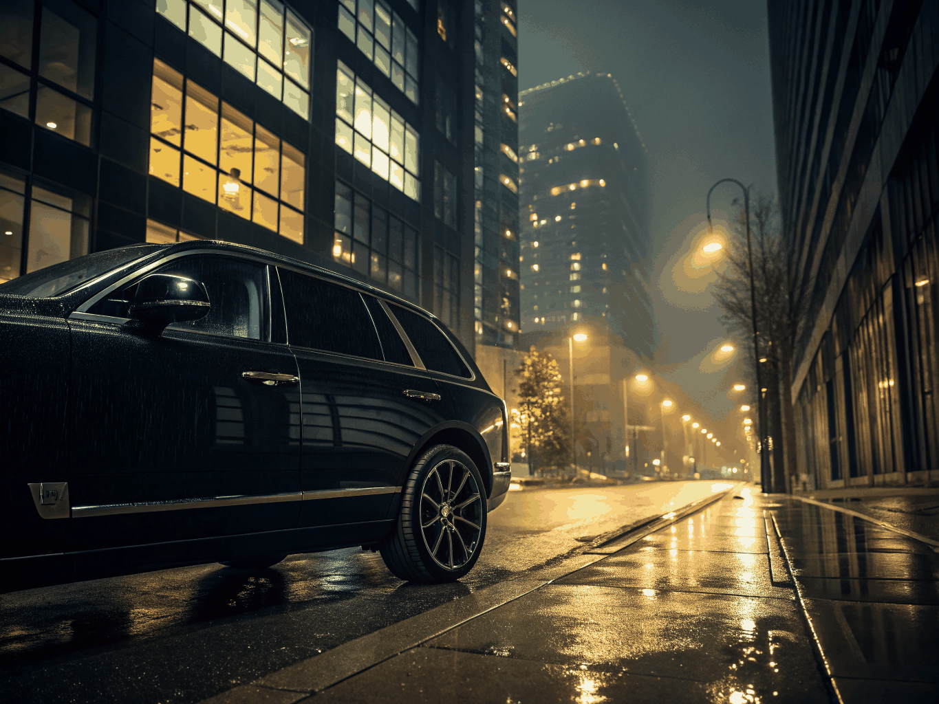 Santa Limo luxury sedan and executive SUV side by side illuminated at night