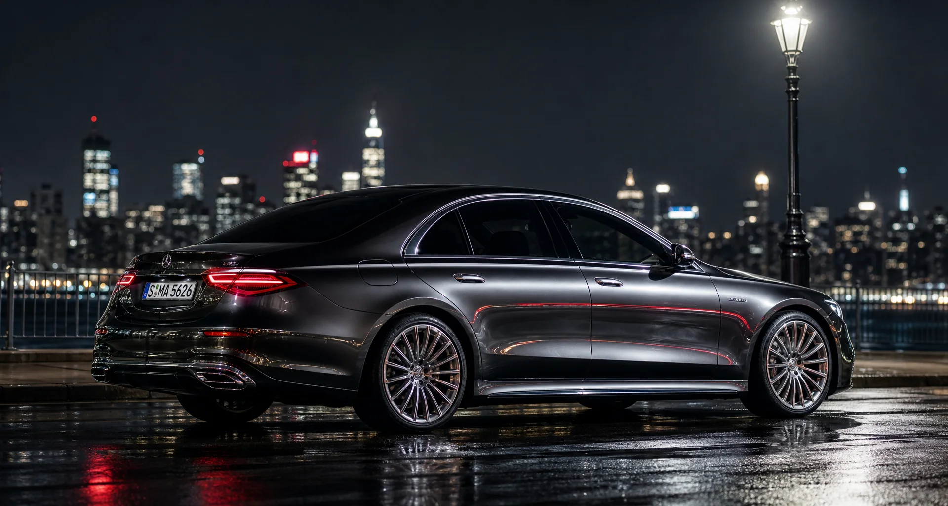 Black luxury executive Sedan exterior parked at dusk