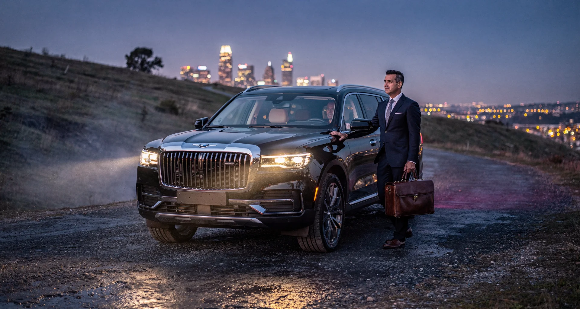 Black prestige luxury SUV on a night-time city avenue